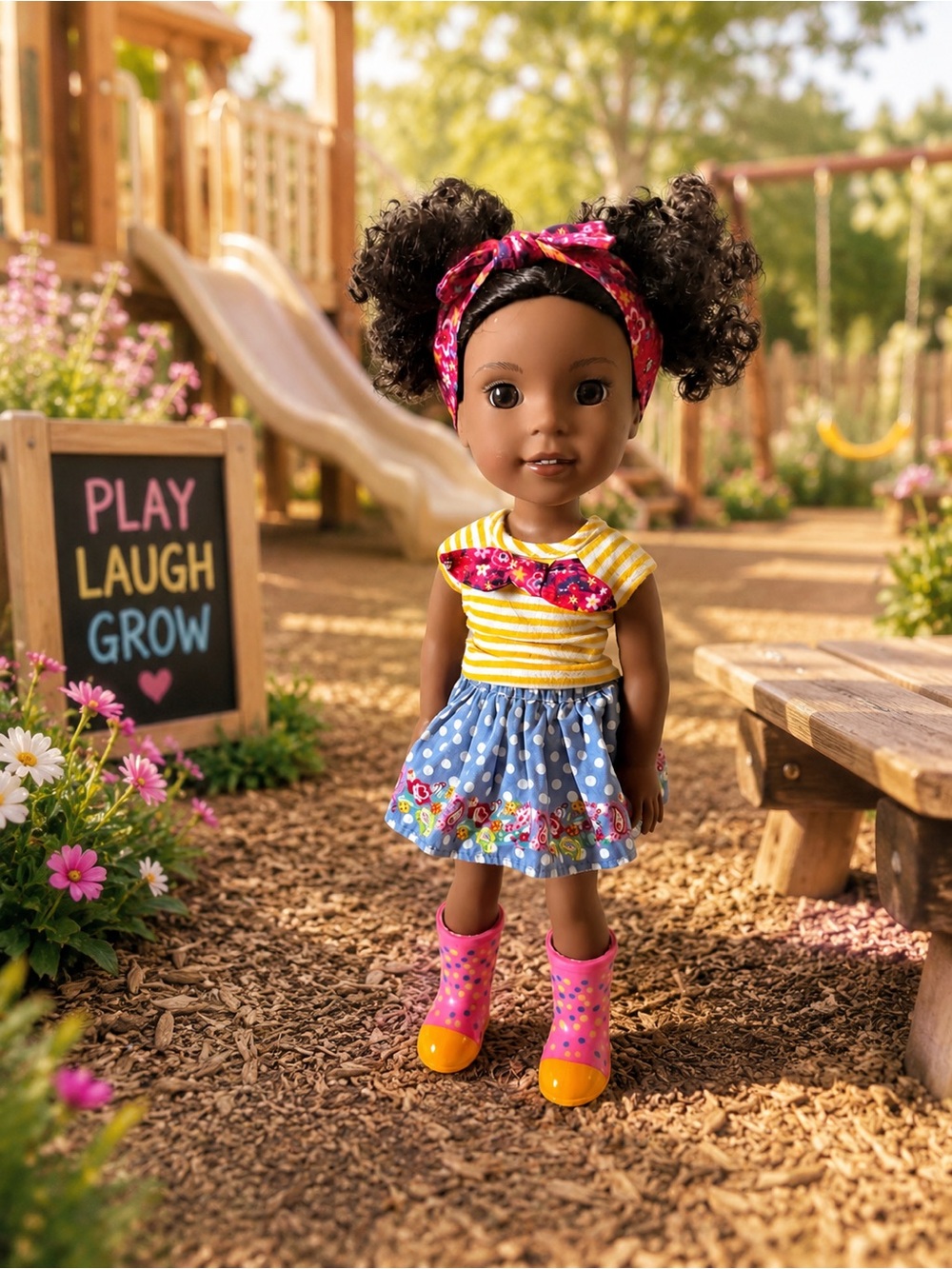 American Girl Doll with Yellow Striped Top, Blue Polka-Dot Skirt & Pink Headband